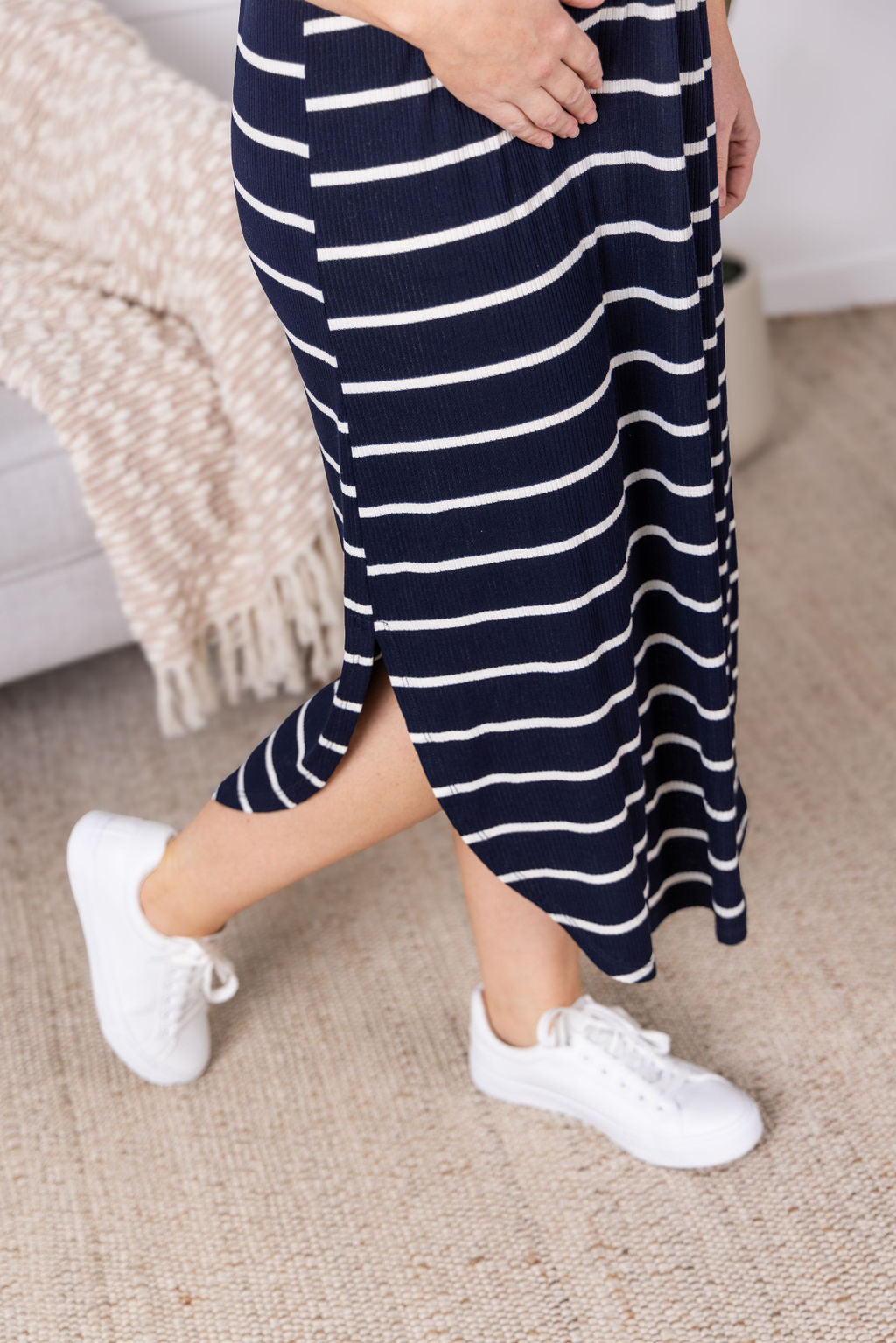 Reagan Ribbed Midi Dress - Midnight Navy Stripes
